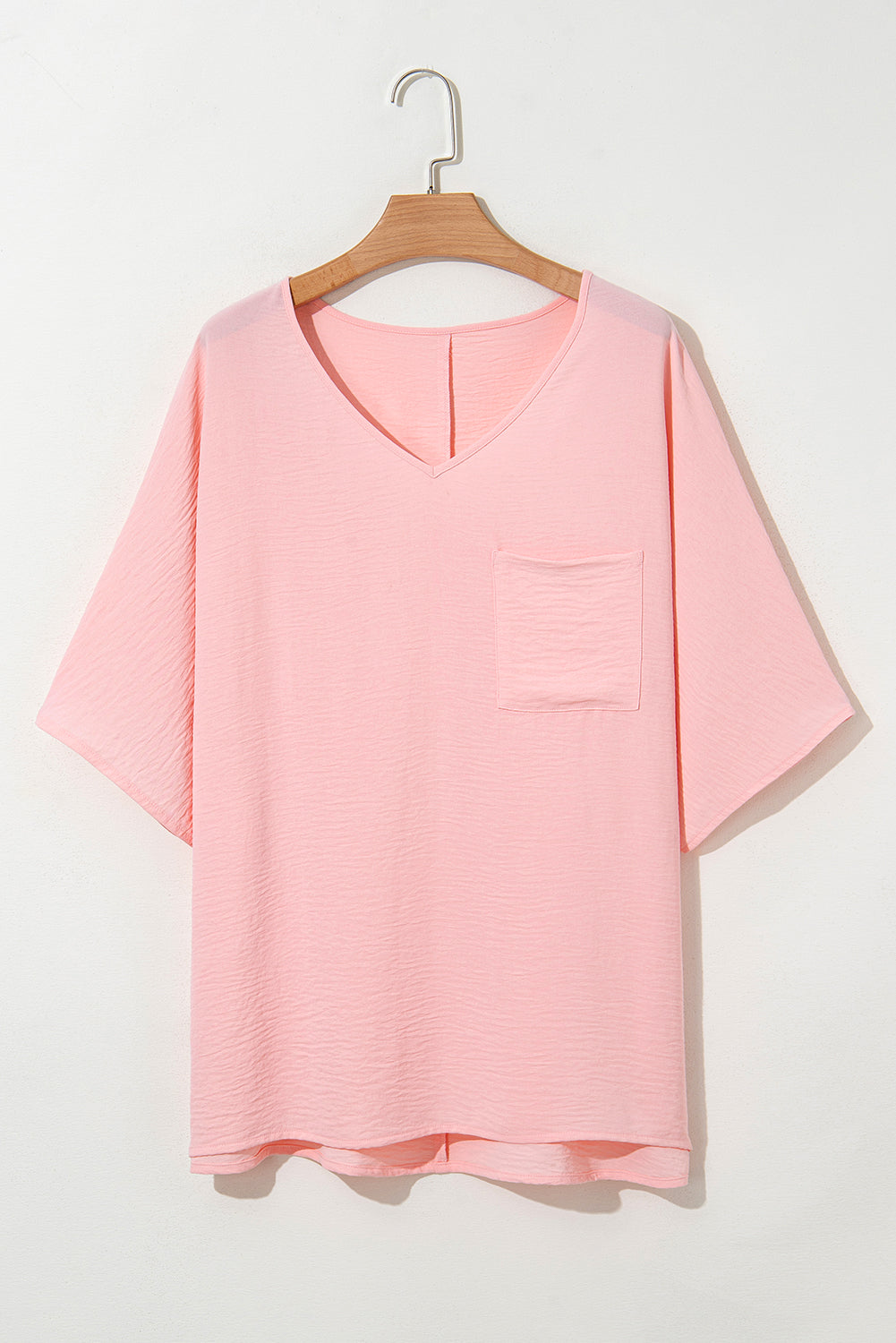 Pink Textured Half Sleeve V Neck Plus Size T Shirt with Chest Pocket - Love Salve